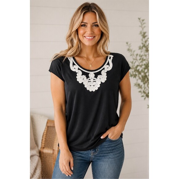 LUXOLOGY Tops - Luxology Blouse Womens Size L Black Short Sleeve White Crochet Lace NEW TAGS